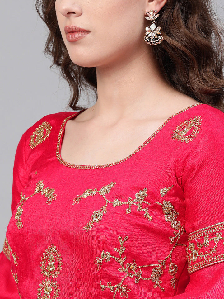 Zari and Aari Embroidered Semi-stitched Silk Lehenga
