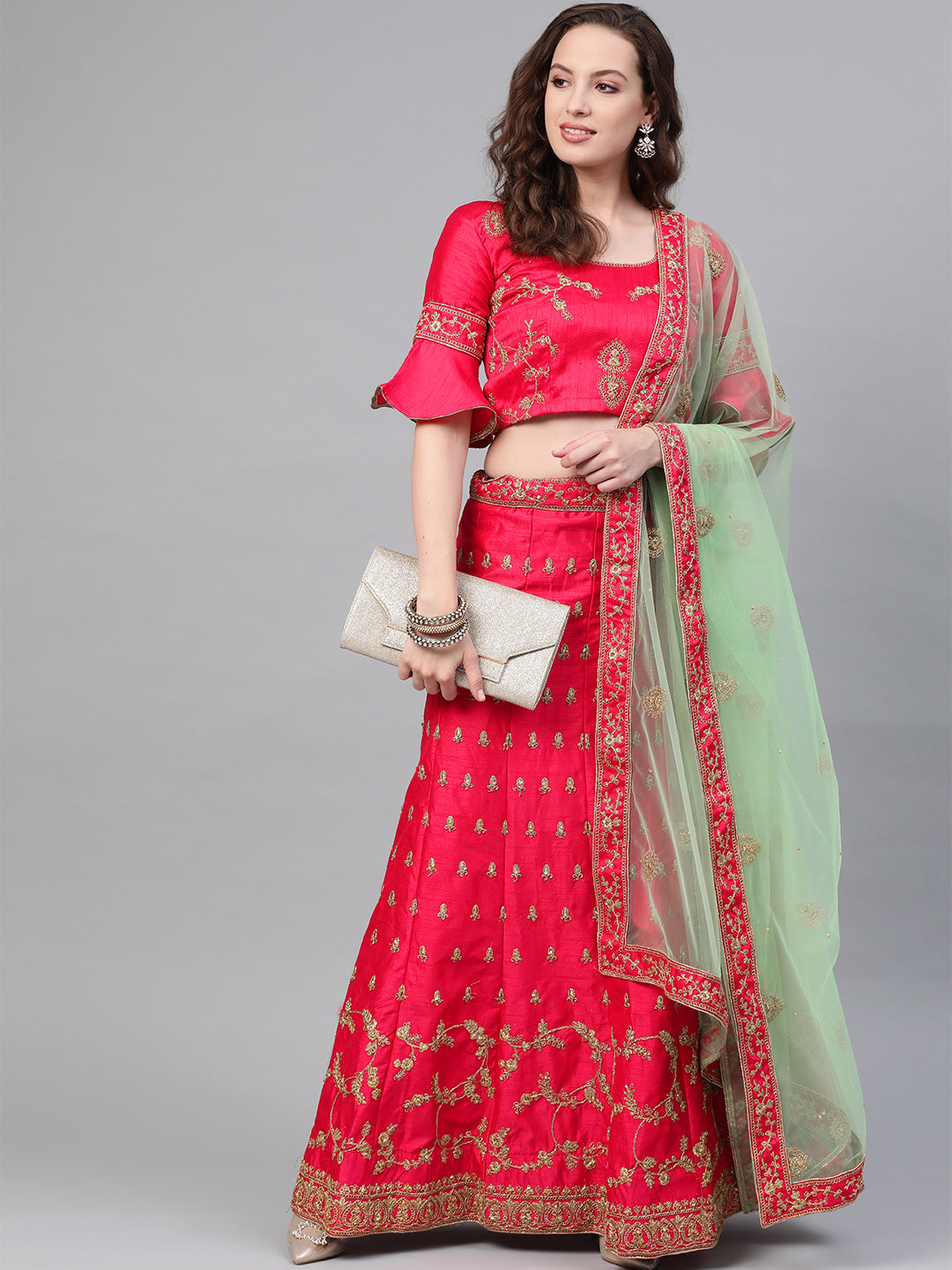 Zari and Aari Embroidered Semi-stitched Silk Lehenga