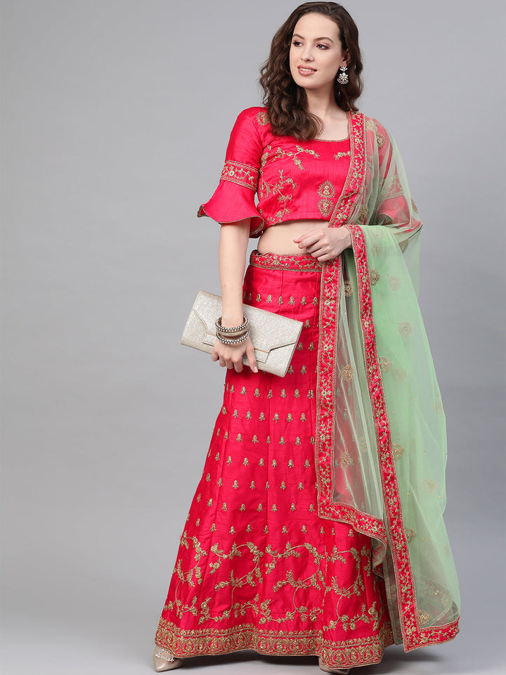 Zari and Aari Embroidered Semi-stitched Silk Lehenga