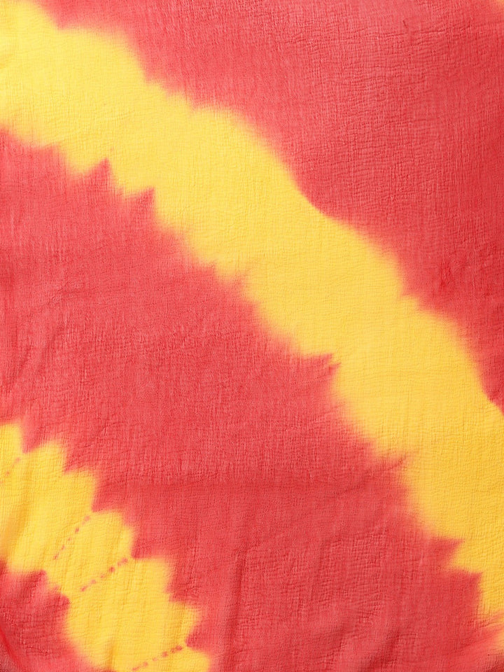 Cotton Resham Embroidered Suit Set With Chiffon Tie & Dye Dupatta & Tassels