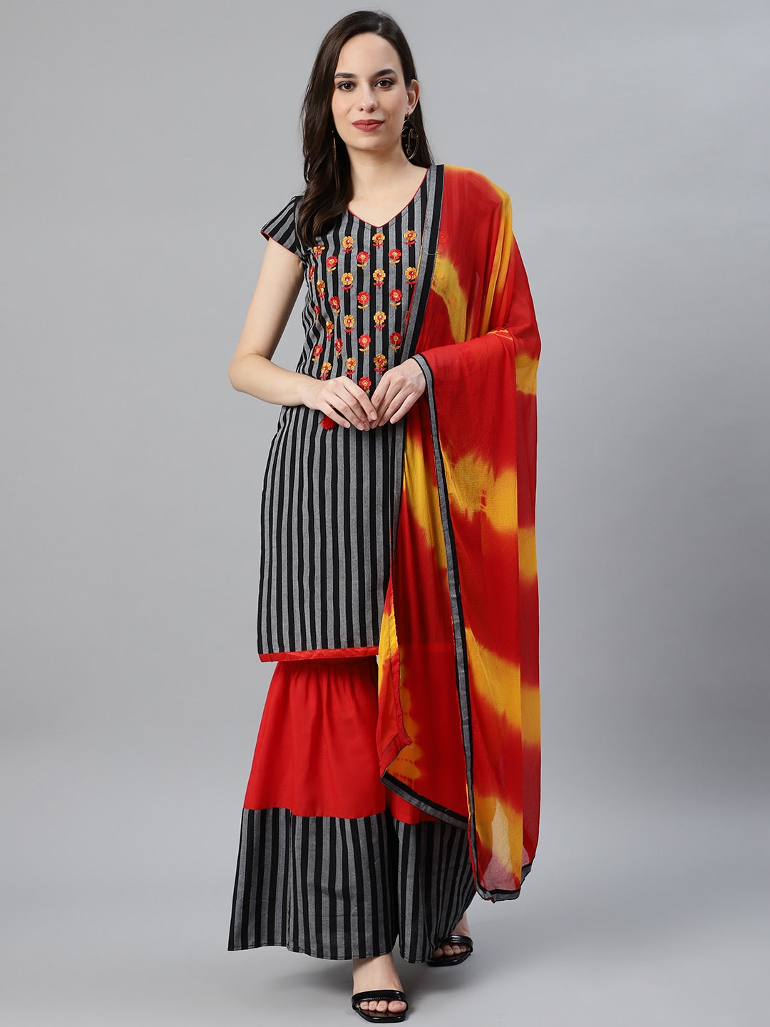 Cotton Resham Embroidered Suit Set With Chiffon Tie & Dye Dupatta & Tassels