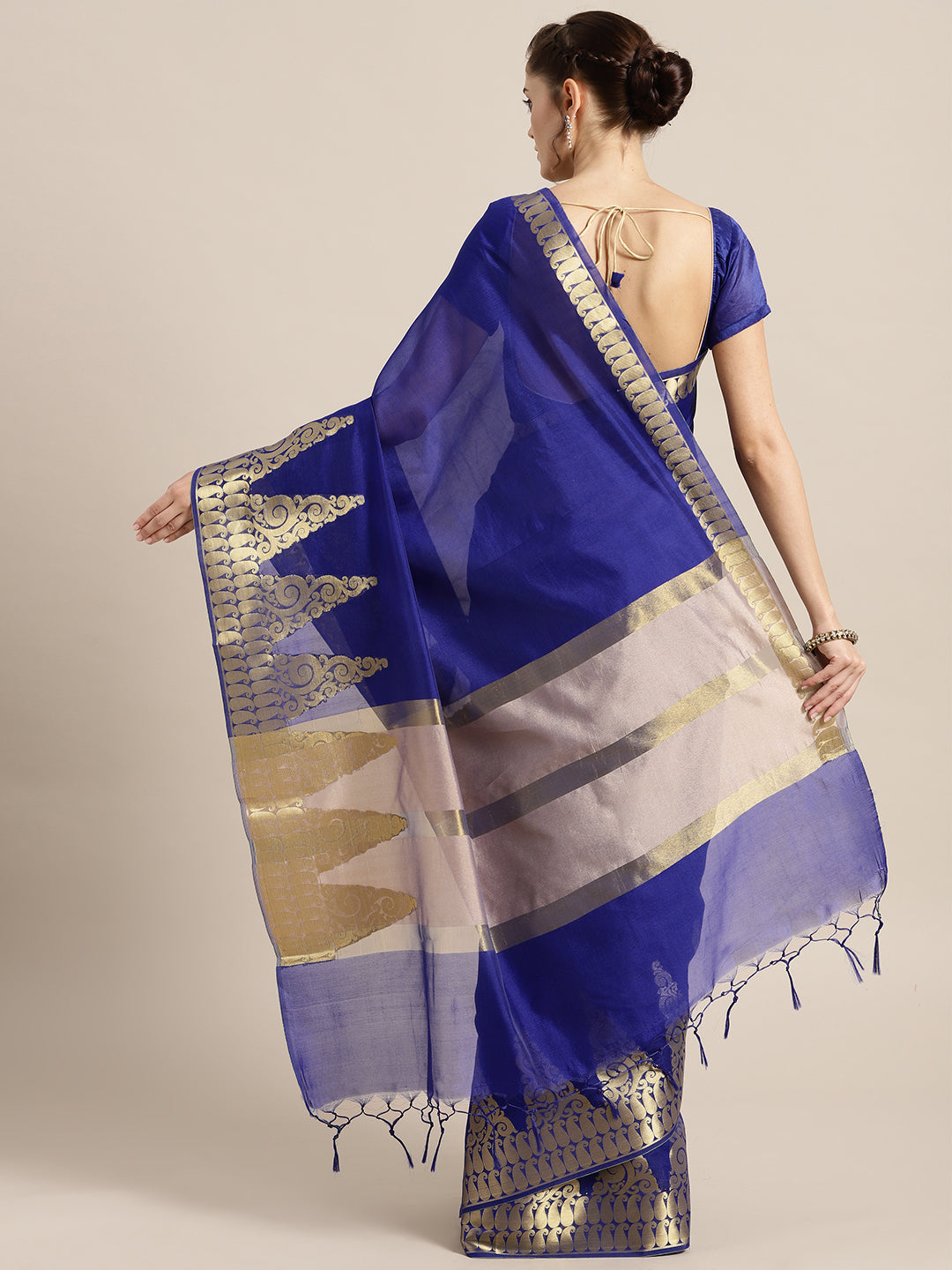 Banarasi Chanderi Silk Saree with Zari Temple Paisley Pattern