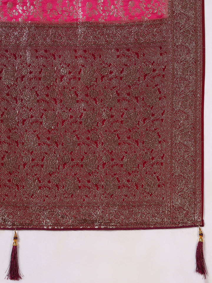 Banarasi Crystal Embellished Handloom Silk Saree with Intricate Zari Woven Floral Motifs