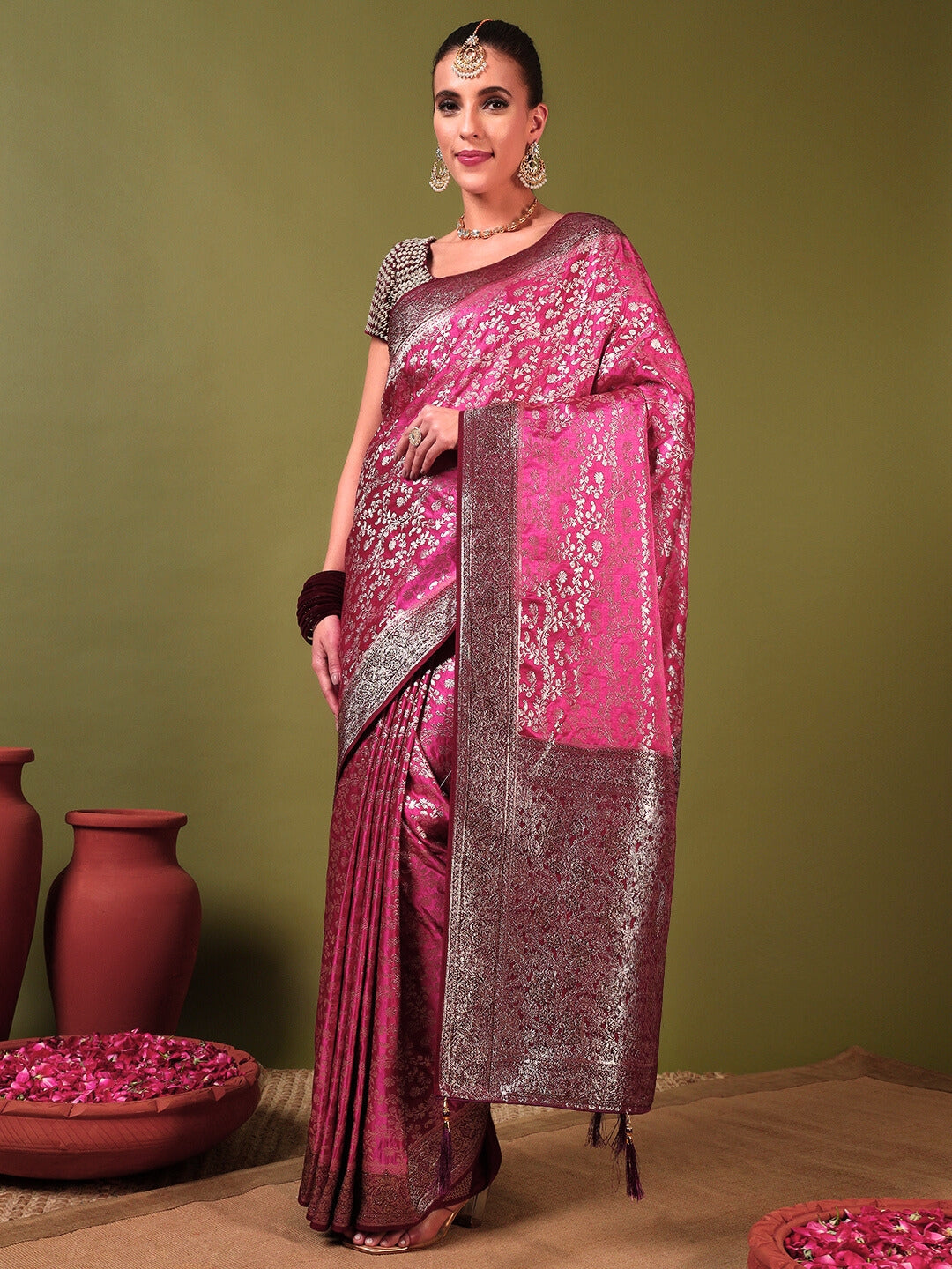 Banarasi Crystal Embellished Handloom Silk Saree with Intricate Zari Woven Floral Motifs