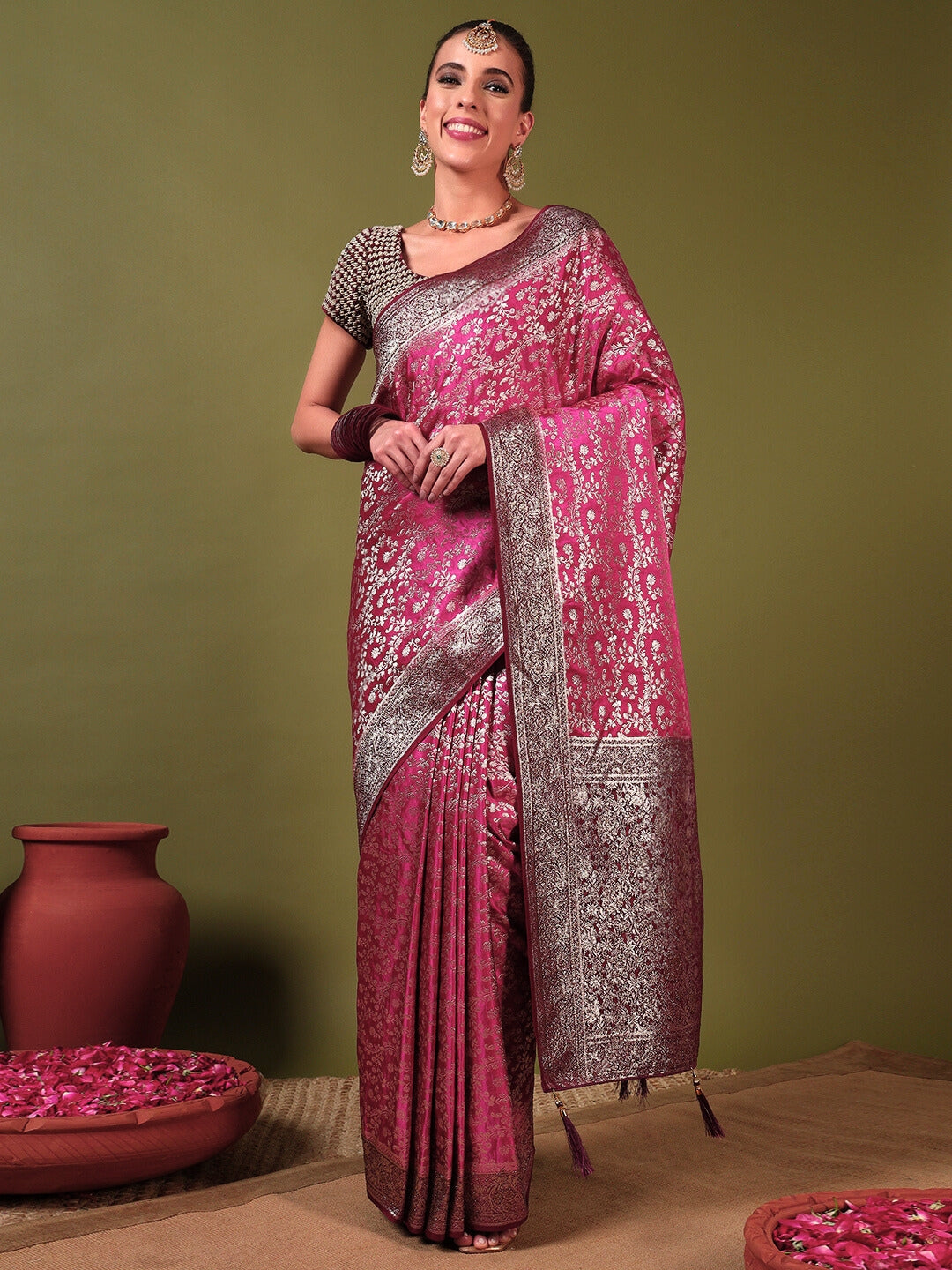 Banarasi Crystal Embellished Handloom Silk Saree with Intricate Zari Woven Floral Motifs