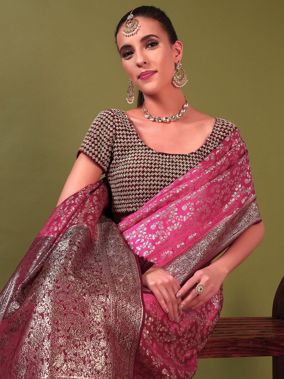 Banarasi Crystal Embellished Handloom Silk Saree with Intricate Zari Woven Floral Motifs