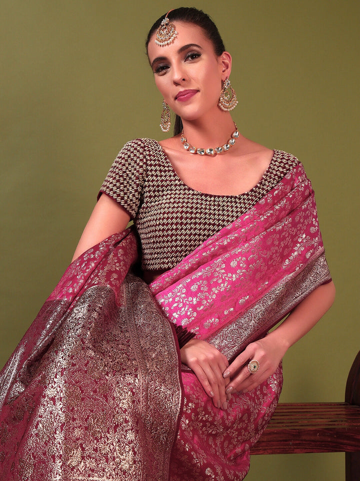 Banarasi Crystal Embellished Handloom Silk Saree with Intricate Zari Woven Floral Motifs