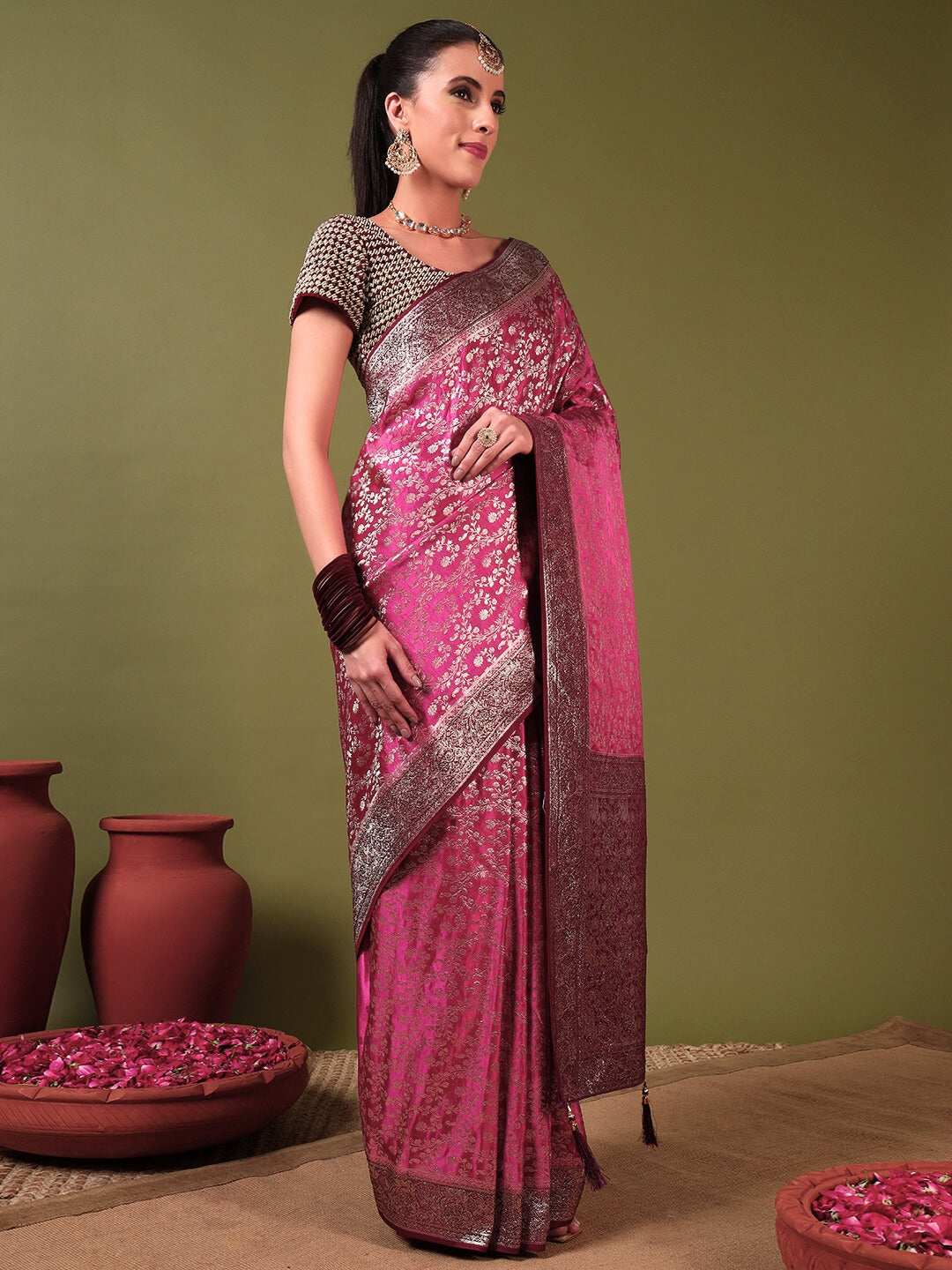 Banarasi Crystal Embellished Handloom Silk Saree with Intricate Zari Woven Floral Motifs
