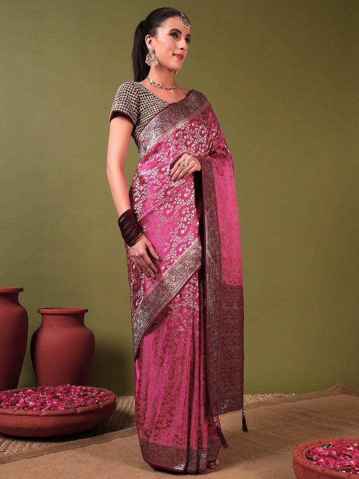 Banarasi Crystal Embellished Handloom Silk Saree with Intricate Zari Woven Floral Motifs