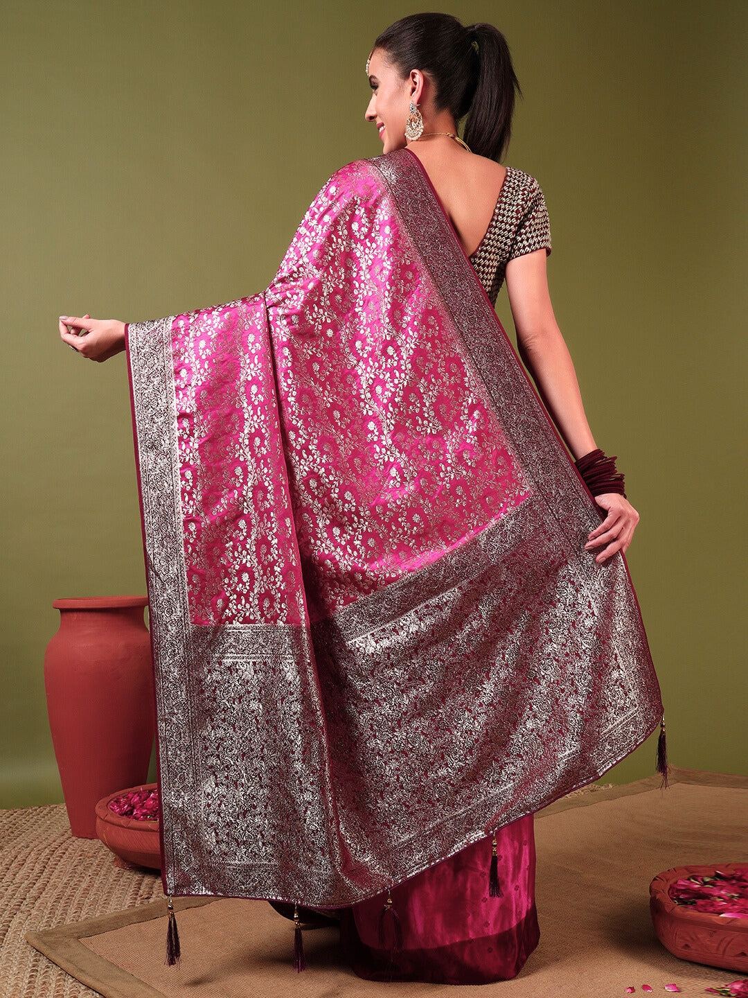 Banarasi Crystal Embellished Handloom Silk Saree with Intricate Zari Woven Floral Motifs