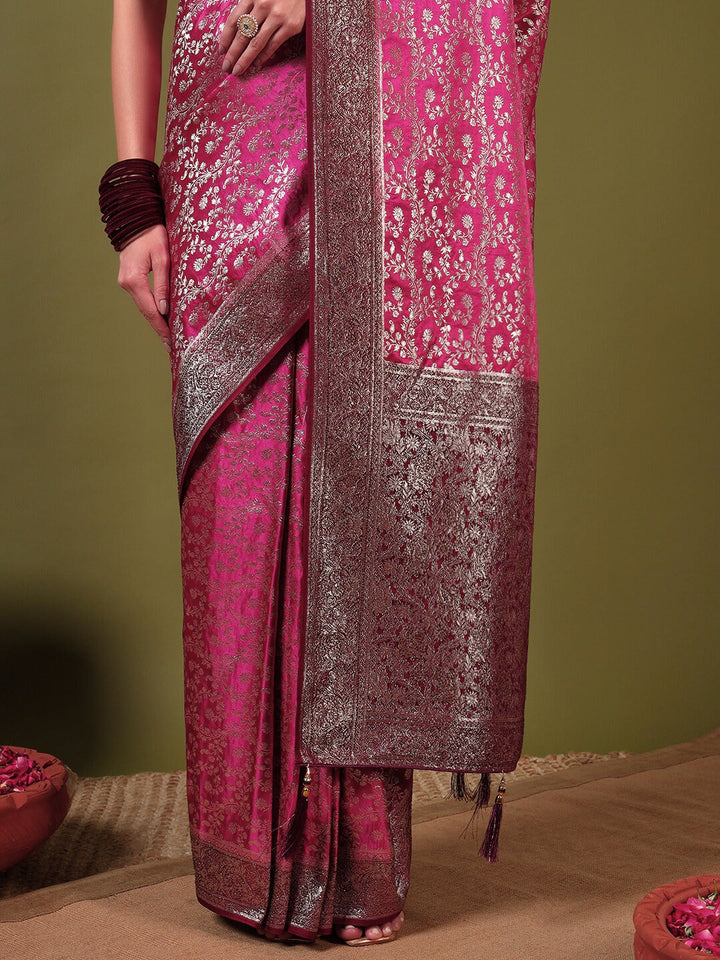 Banarasi Crystal Embellished Handloom Silk Saree with Intricate Zari Woven Floral Motifs
