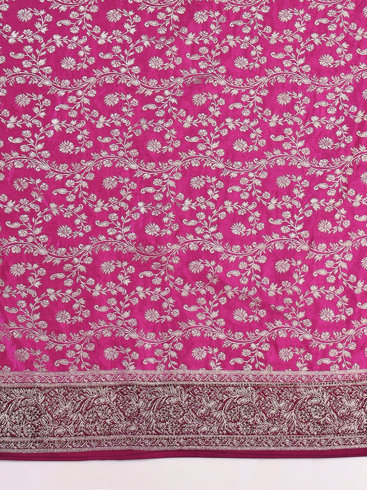 Banarasi Crystal Embellished Handloom Silk Saree with Intricate Zari Woven Floral Motifs