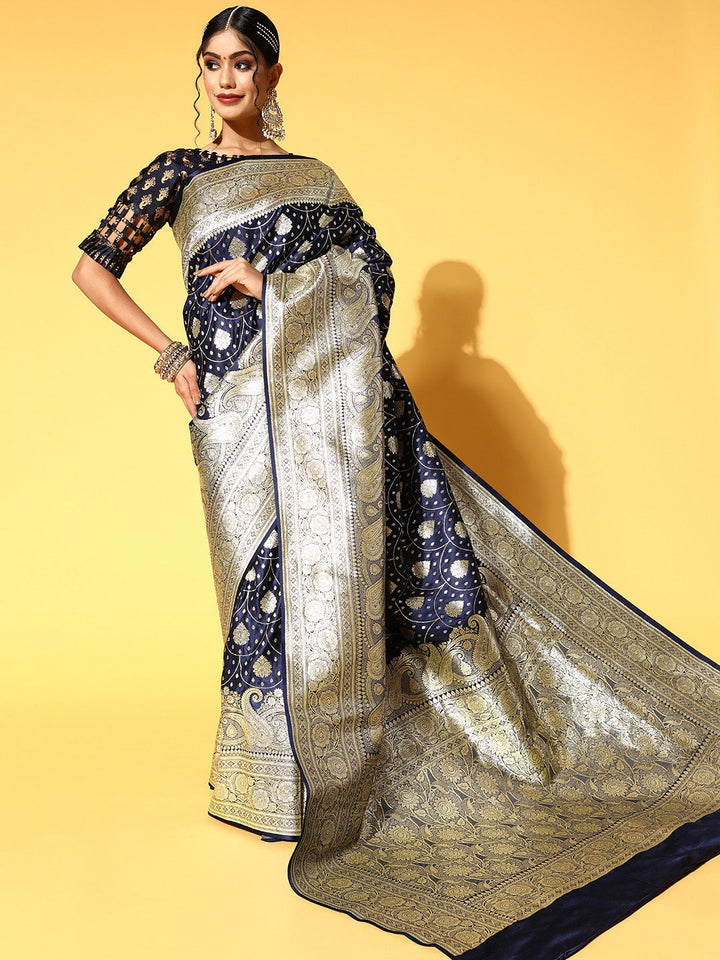 Navy Blue Handloom Kanjeevaram Silk Saree with intricate Zari Motifs