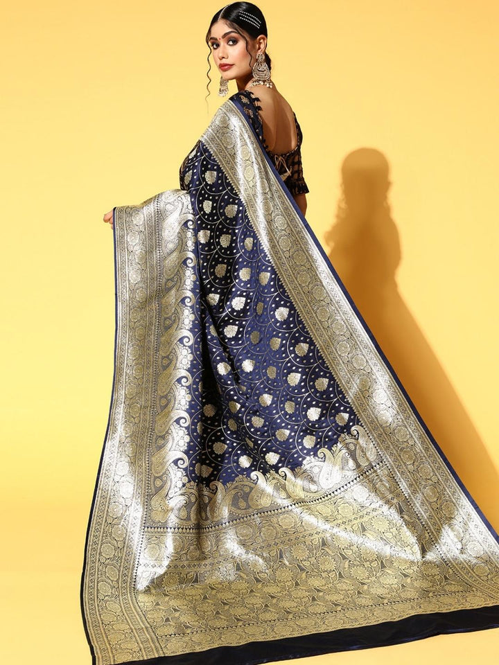 Navy Blue Handloom Kanjeevaram Silk Saree with intricate Zari Motifs