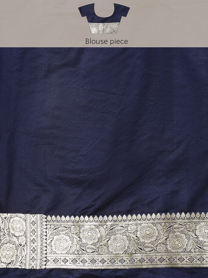 Navy Blue Handloom Kanjeevaram Silk Saree with intricate Zari Motifs