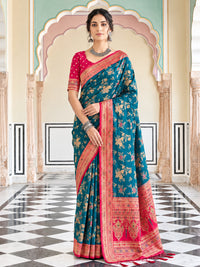 Teal Blue Banarasi Silk Saree with Multicolor Floral Weave and Contrast Pink Border