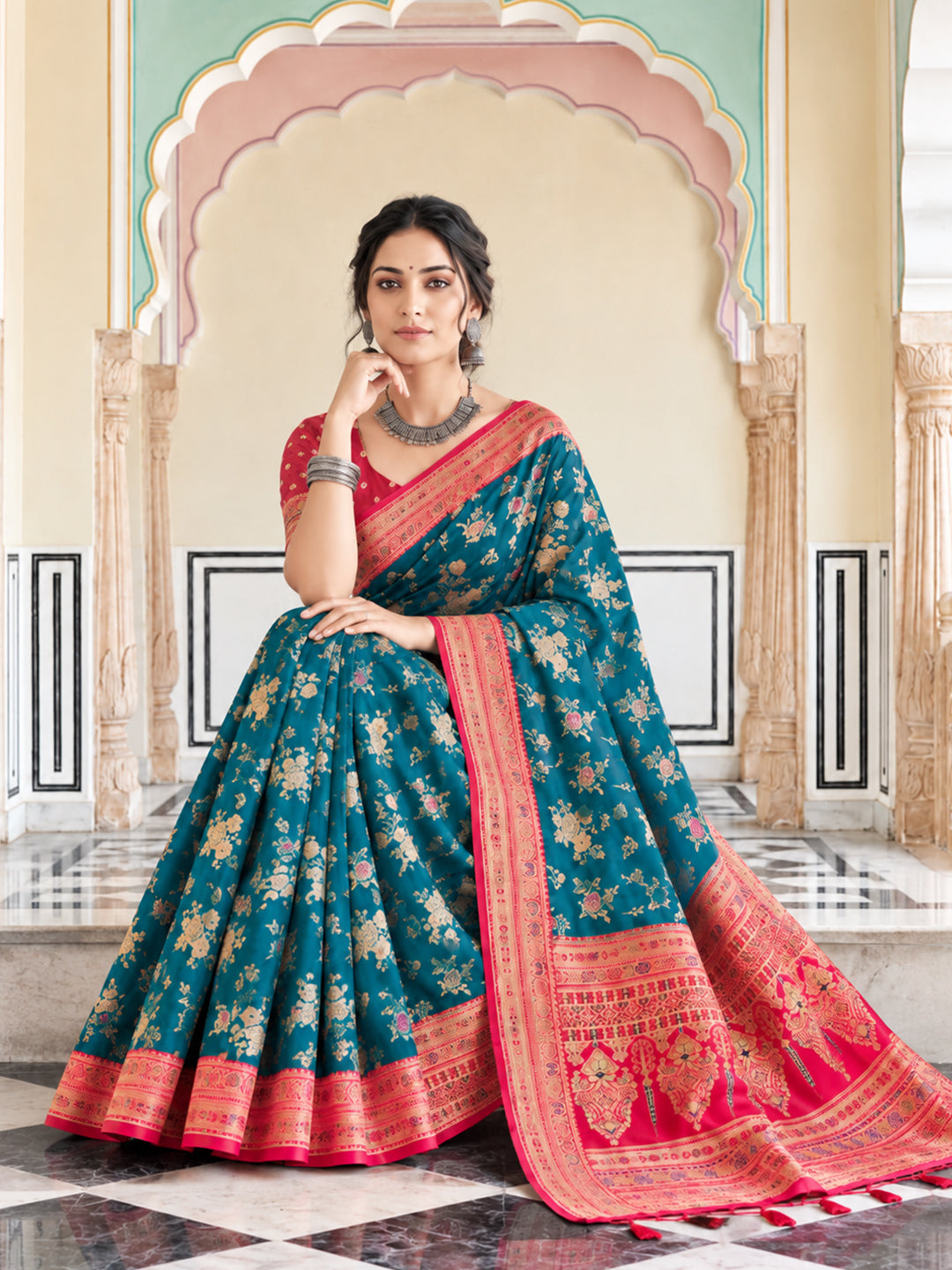 Teal Blue Banarasi Silk Saree with Multicolor Floral Weave and Contrast Pink Border
