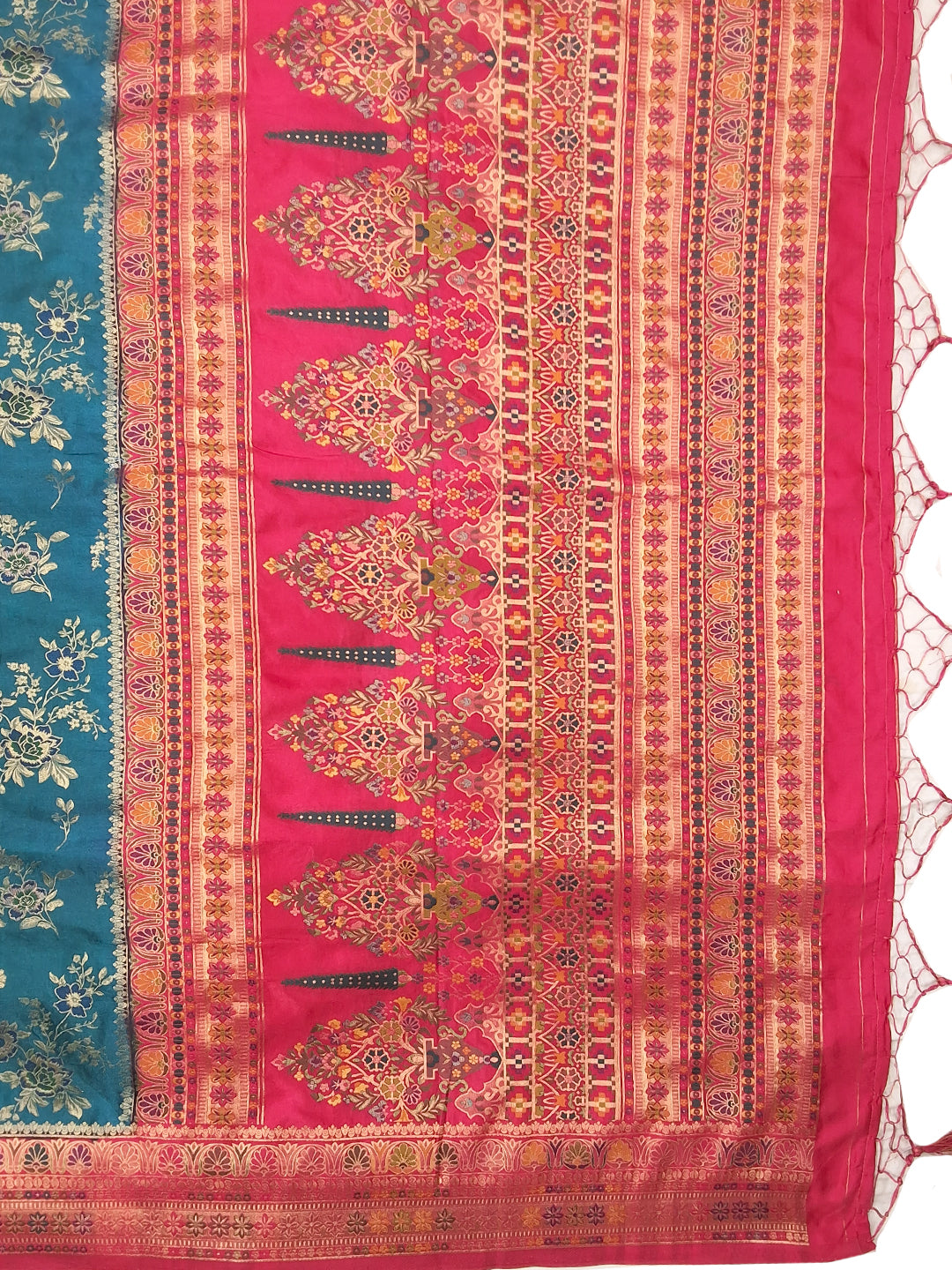 Teal Blue Banarasi Silk Saree with Multicolor Floral Weave and Contrast Pink Border
