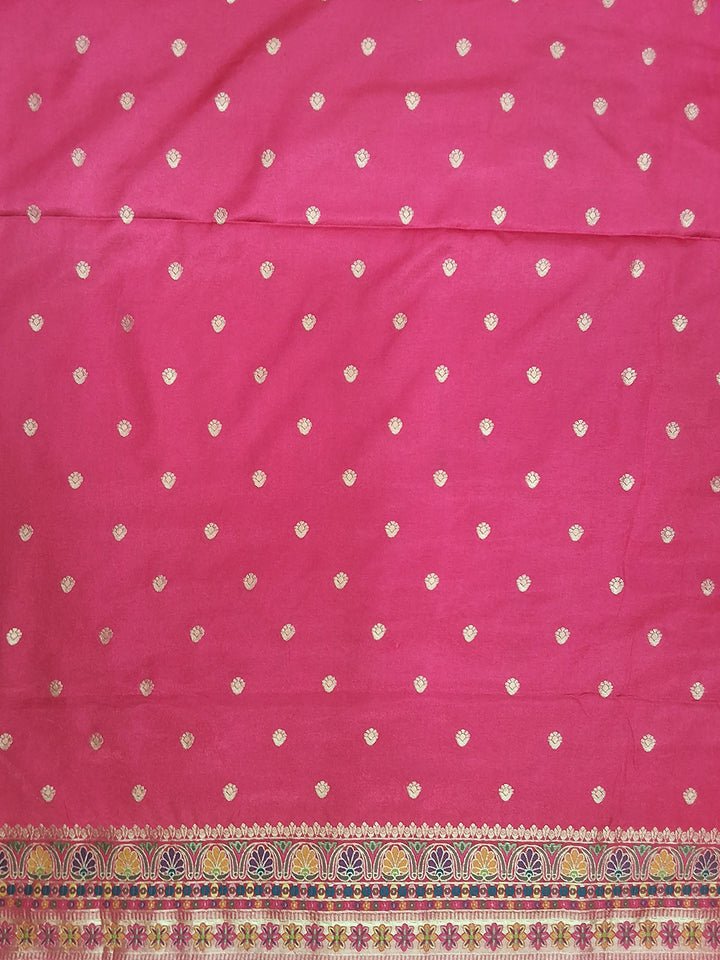 Teal Blue Banarasi Silk Saree with Multicolor Floral Weave and Contrast Pink Border