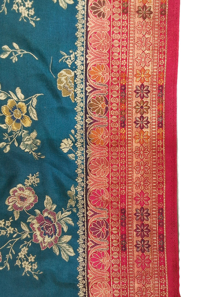 Teal Blue Banarasi Silk Saree with Multicolor Floral Weave and Contrast Pink Border