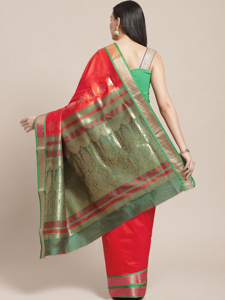 Red Green Banarasi Silk Saree with Contrast Red Zari Border