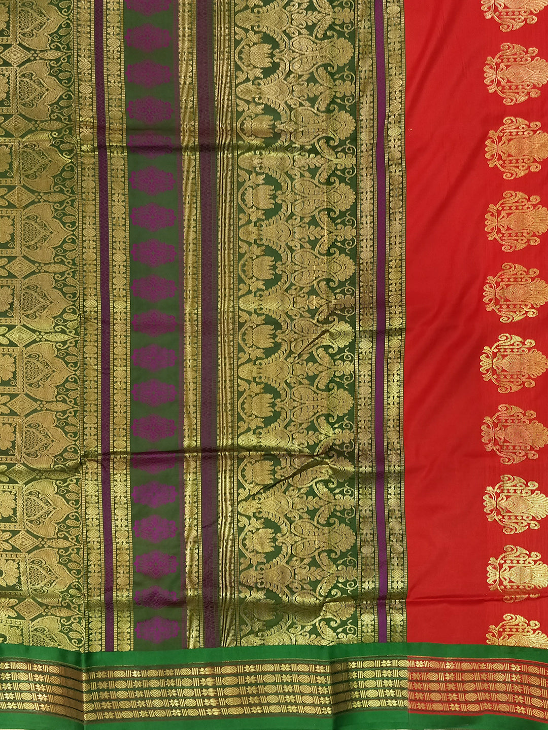 Red Green Banarasi Silk Saree with Contrast Red Zari Border