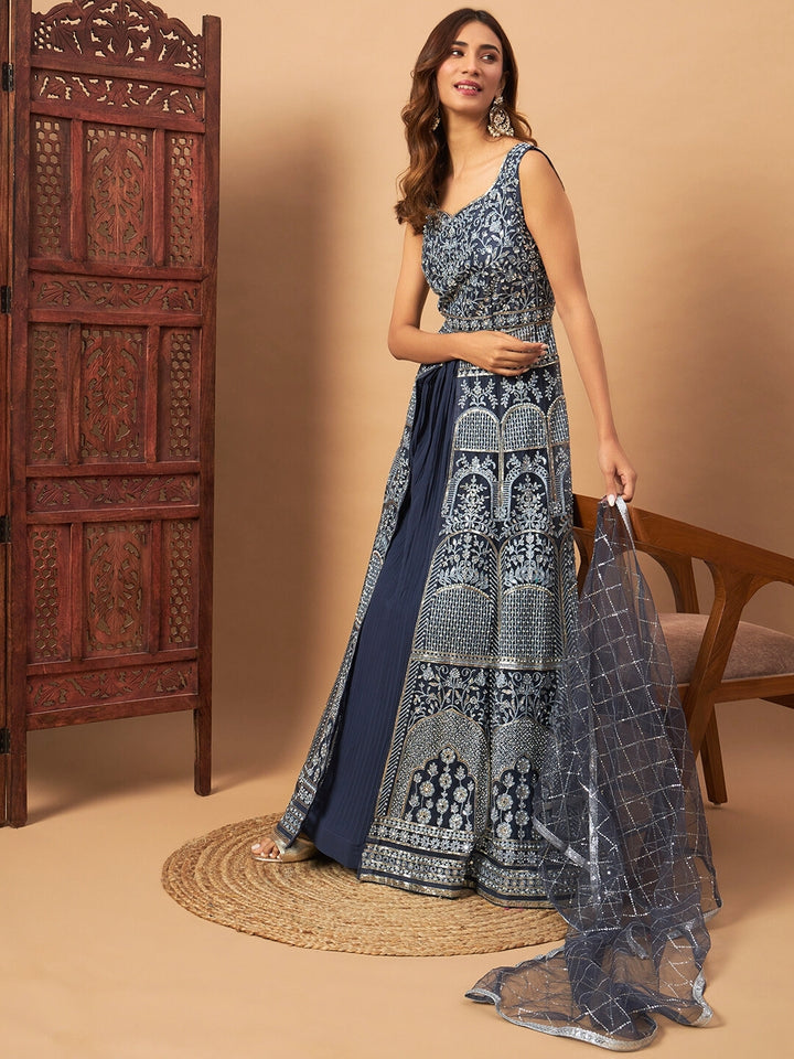 Chhabra 555 Long Front Slit Choli With Mirror Zari Embroidery, Pleated Lehenga & Net Dupatta