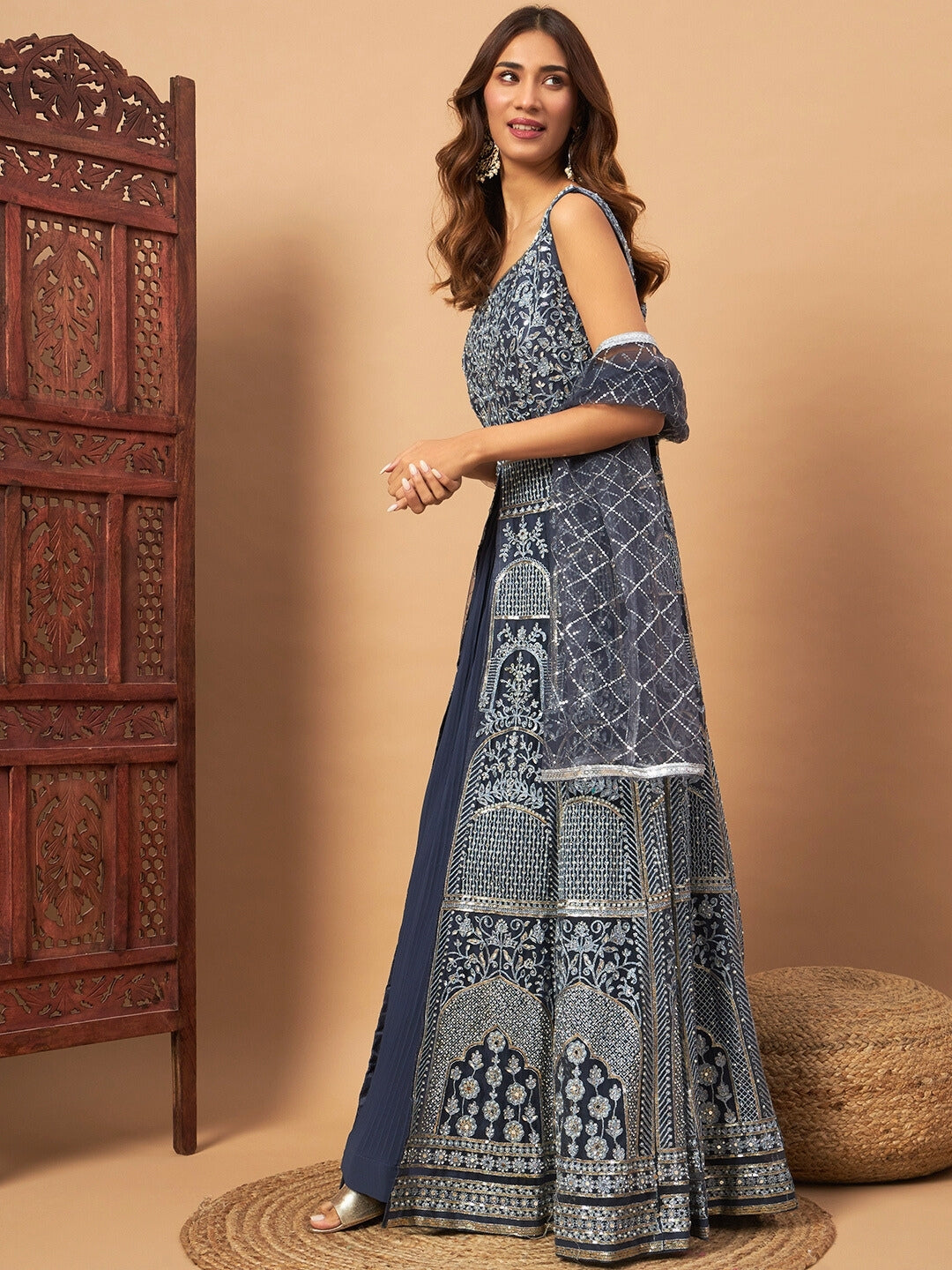 Chhabra 555 Long Front Slit Choli With Mirror Zari Embroidery, Pleated Lehenga & Net Dupatta