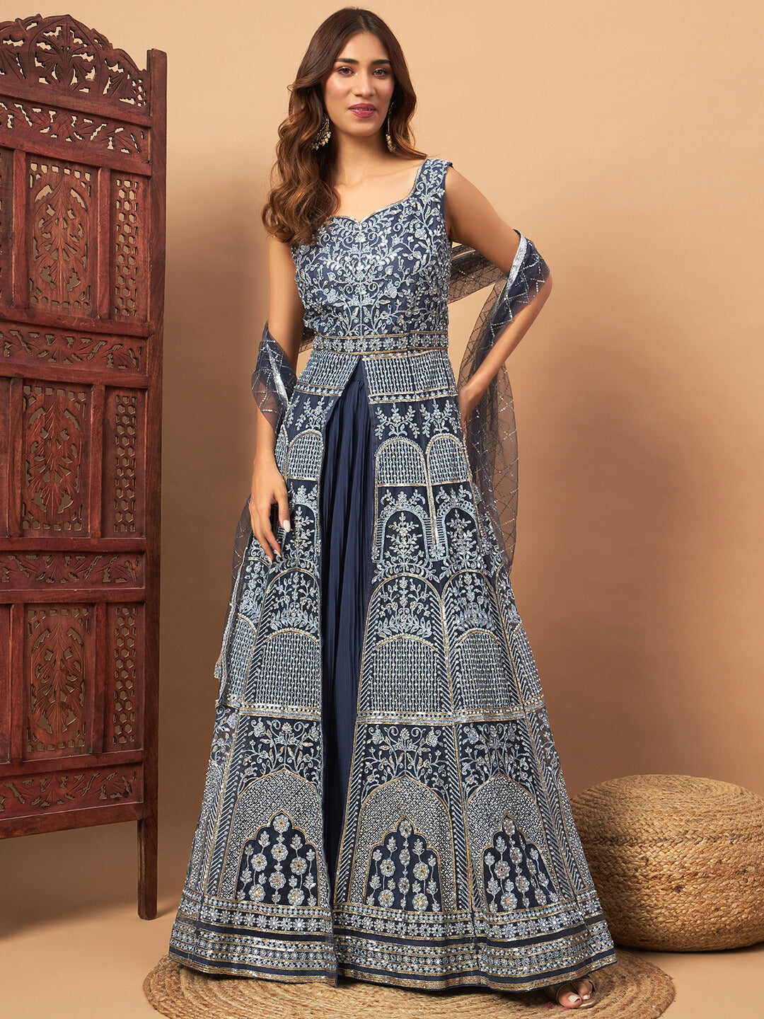 Chhabra 555 Long Front Slit Choli With Mirror Zari Embroidery, Pleated Lehenga & Net Dupatta