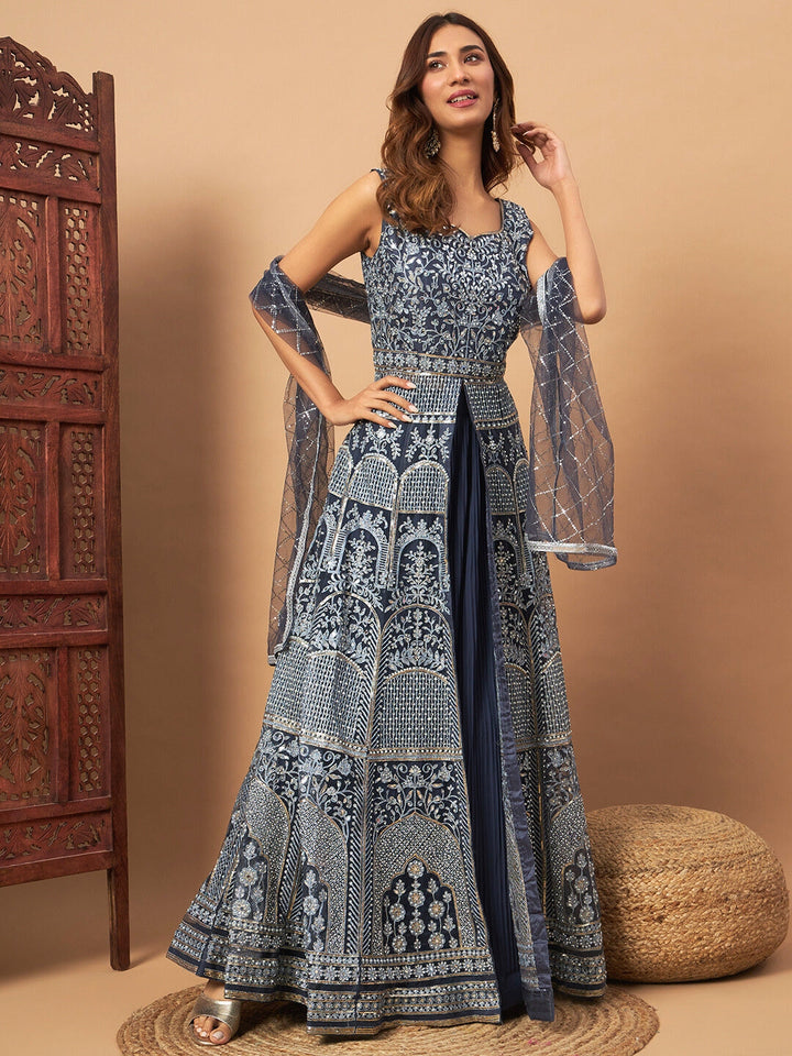 Chhabra 555 Long Front Slit Choli With Mirror Zari Embroidery, Pleated Lehenga & Net Dupatta