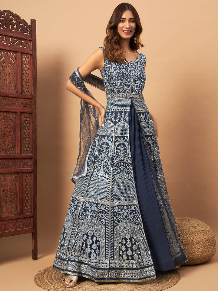 Chhabra 555 Long Front Slit Choli With Mirror Zari Embroidery, Pleated Lehenga & Net Dupatta
