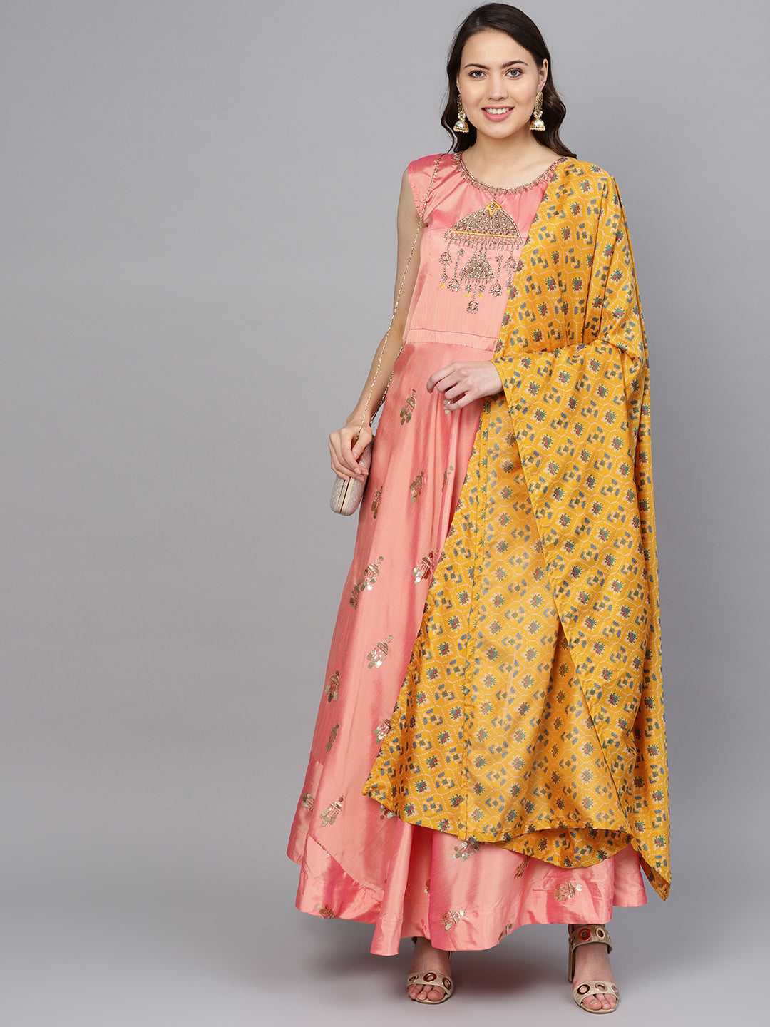 Embellished Anarkali Kurta Set with Ikat Print dupatta