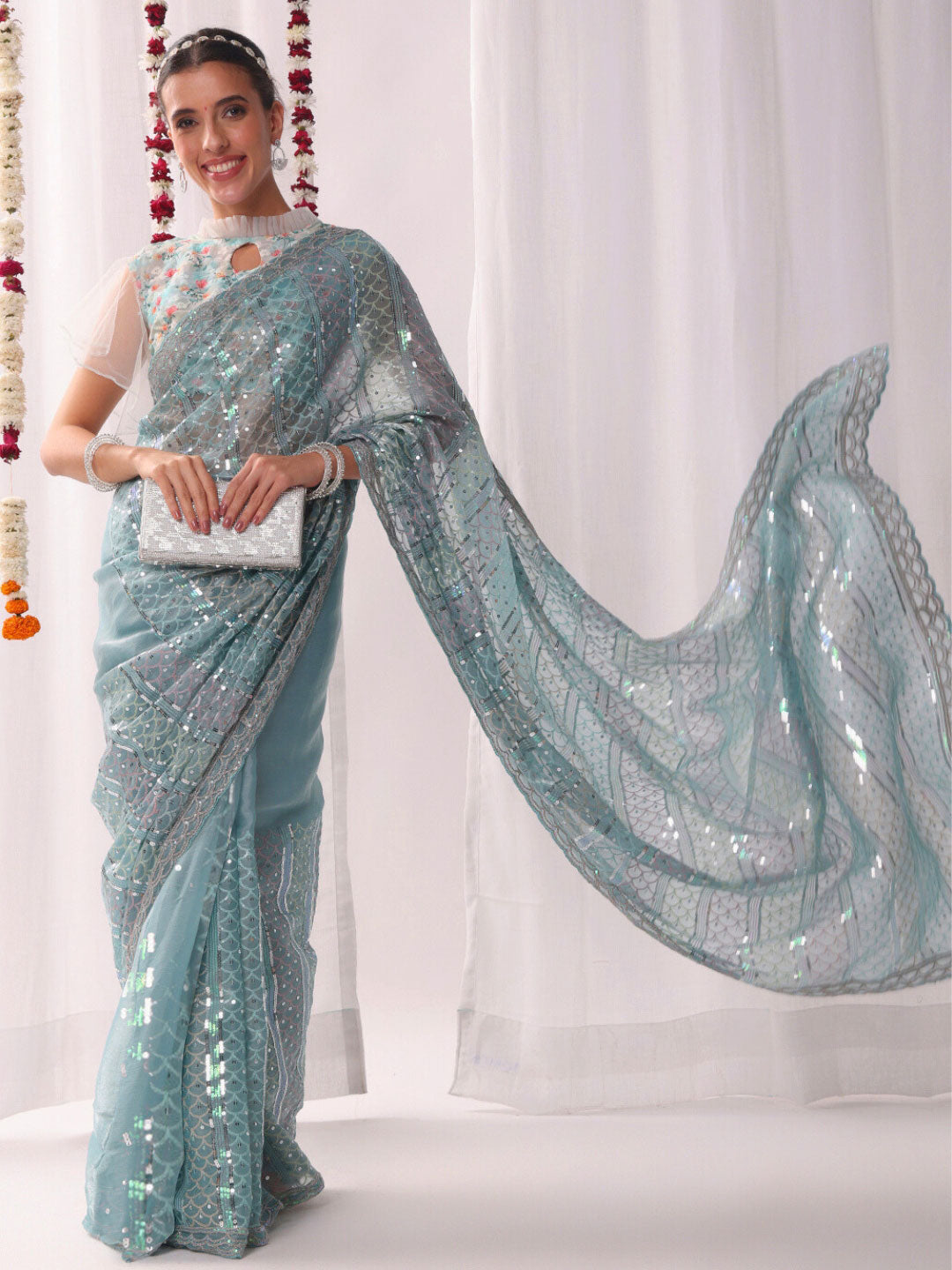 Chhabra 555 Ombre Resham Embroidered saree with Allover Sequinned Stripes and Scalloped Motifs