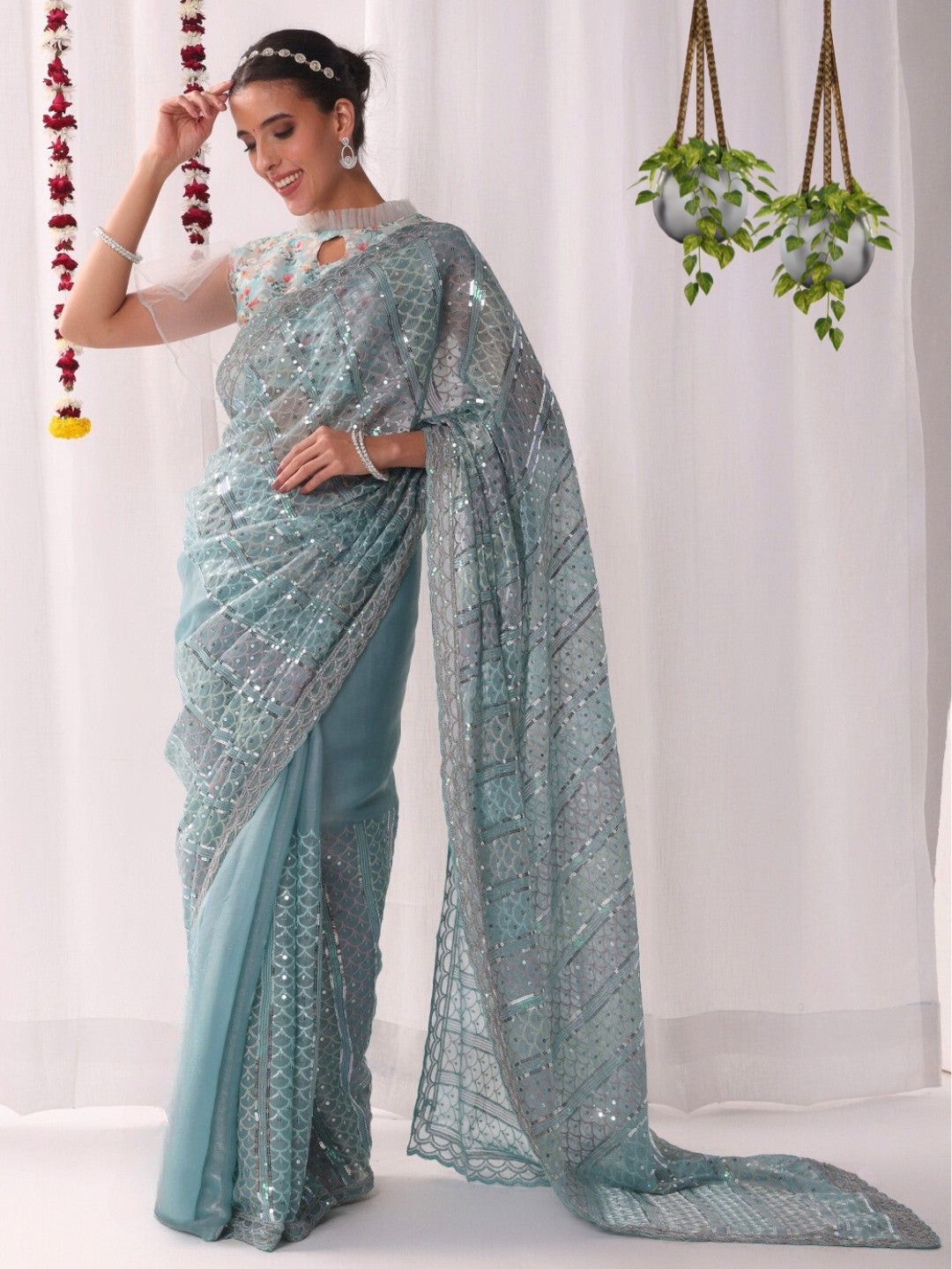 Ombre Resham Embroidered saree with Allover Sequinned Stripes