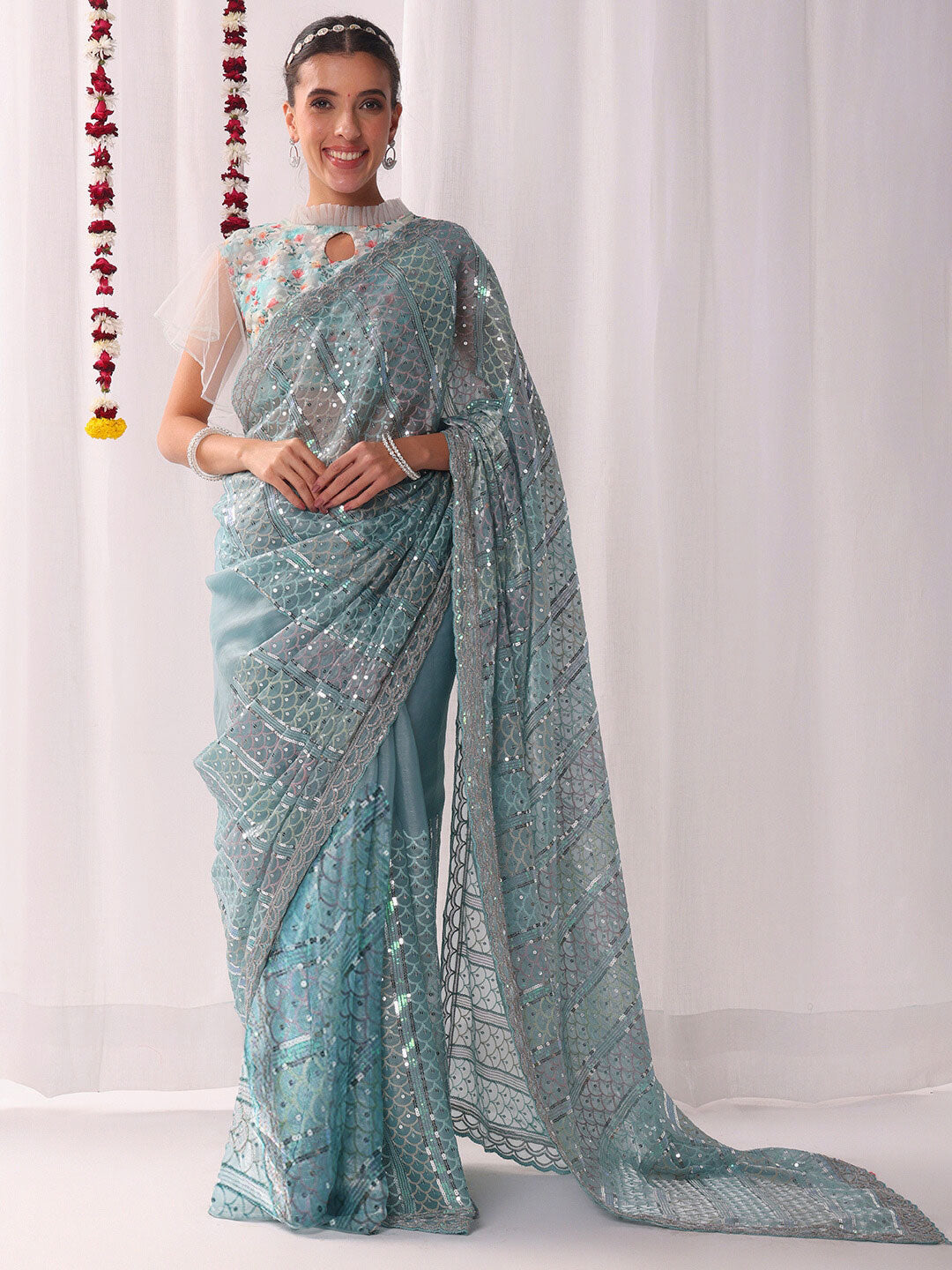 Ombre Resham Embroidered saree with Allover Sequinned Stripes
