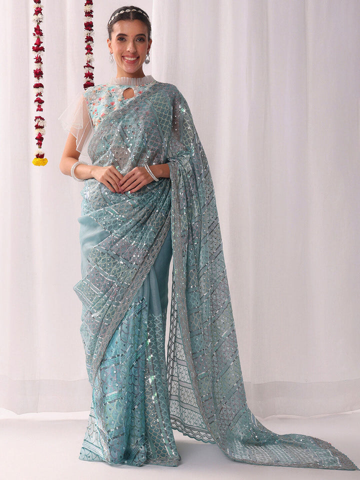 Ombre Resham Embroidered saree with Allover Sequinned Stripes