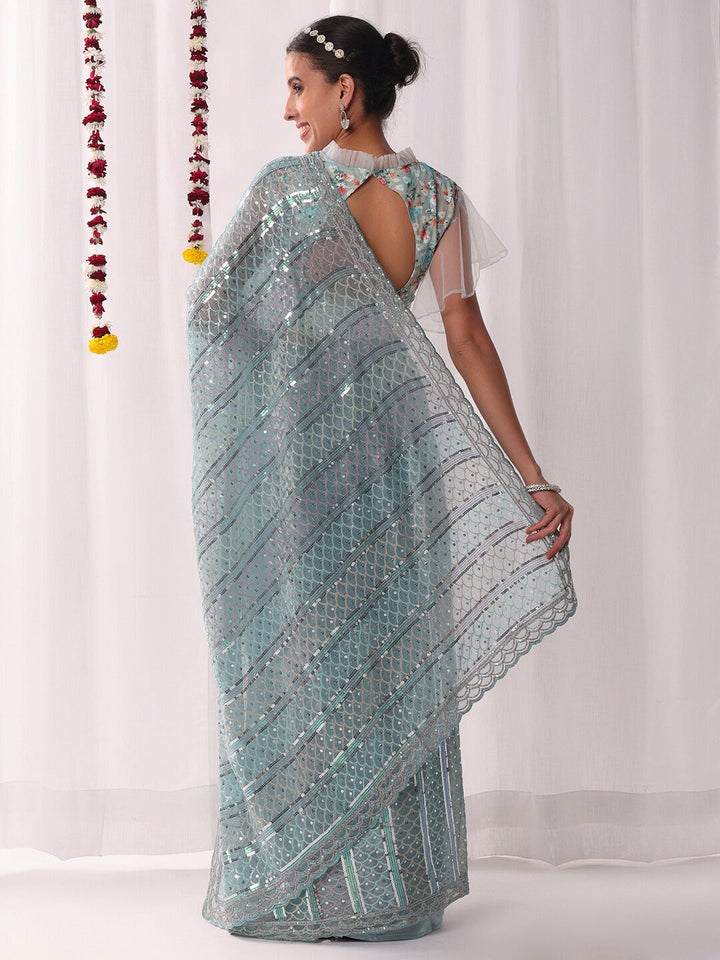 Ombre Resham Embroidered saree with Allover Sequinned Stripes