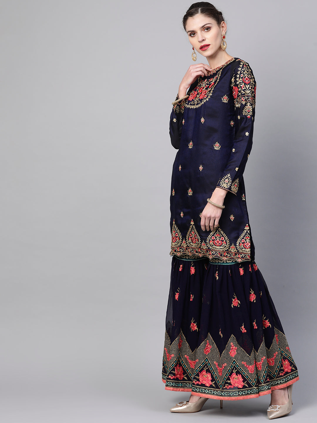 Embellished Kurta Sharara Set with Zari and Resham