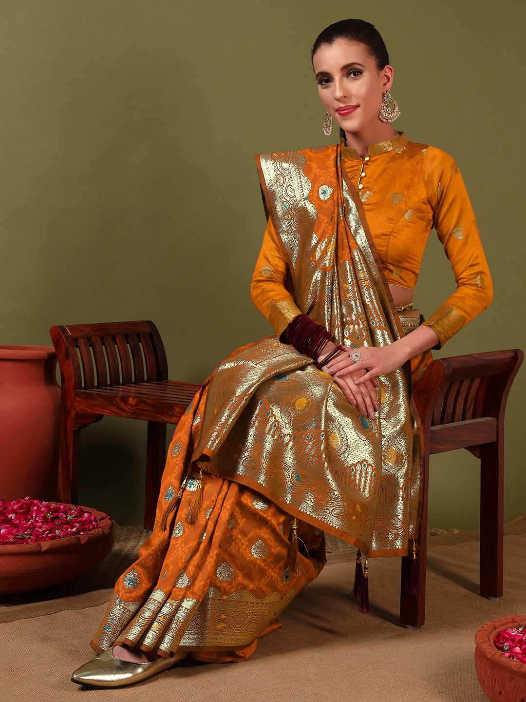Handloom Banarasi Brocade Silk saree with Intricate Meenakari Weaving & Paisley Border