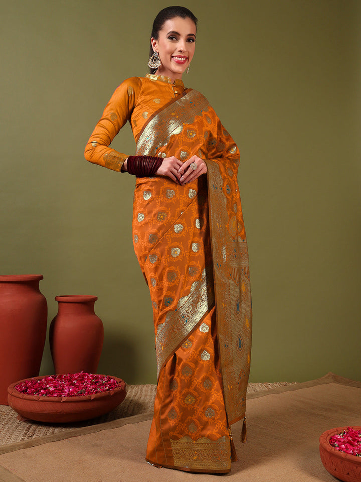 Handloom Banarasi Brocade Silk saree with Intricate Meenakari Weaving & Paisley Border