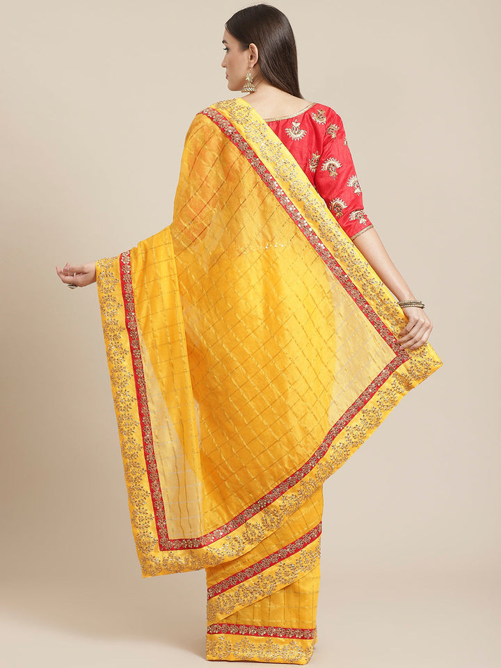 Mustard Gharchola Saree With Embellished Kundan Work Border & Red Embroidered Blouse
