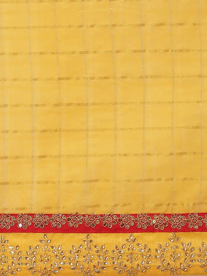 Mustard Gharchola Saree With Embellished Kundan Work Border & Red Embroidered Blouse