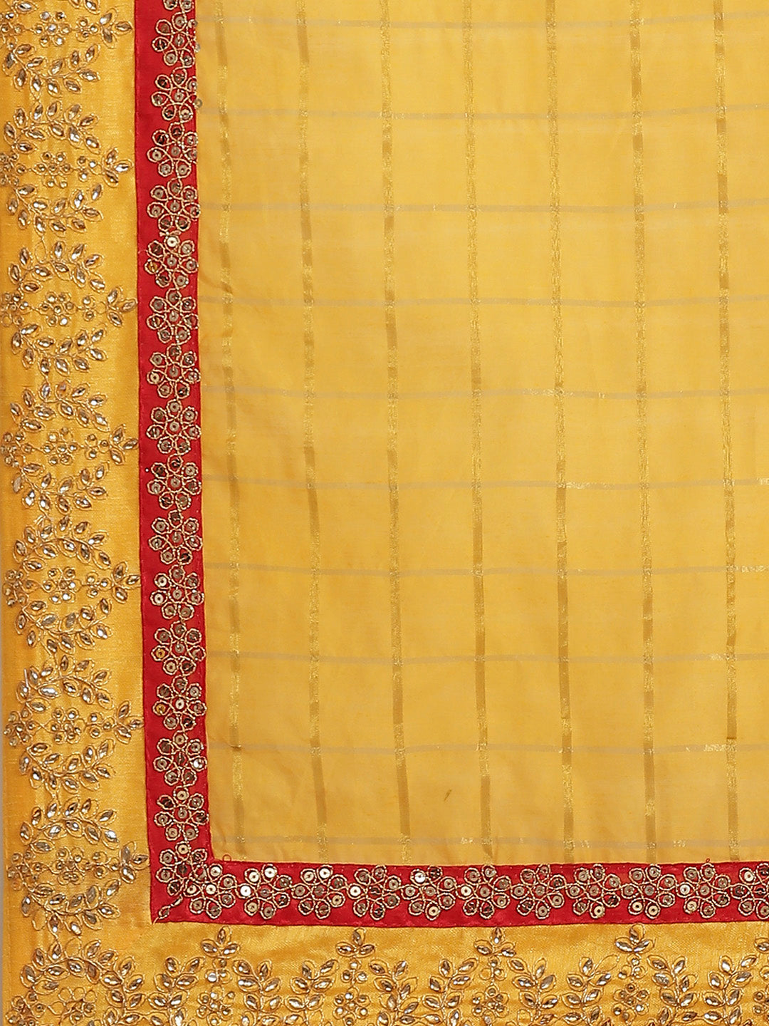 Mustard Gharchola Saree With Embellished Kundan Work Border & Red Embroidered Blouse
