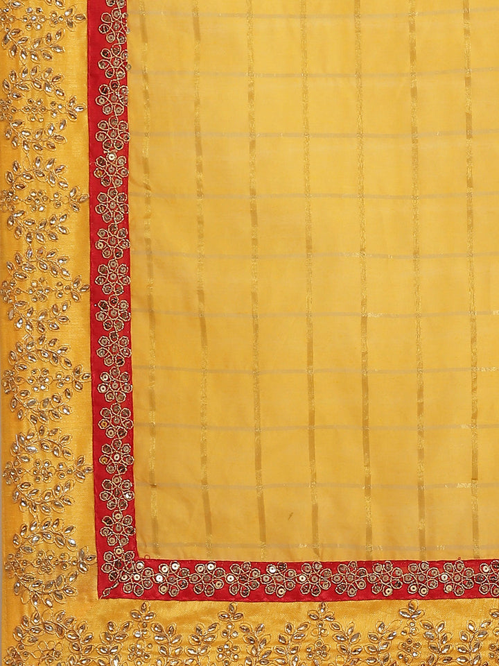 Mustard Gharchola Saree With Embellished Kundan Work Border & Red Embroidered Blouse