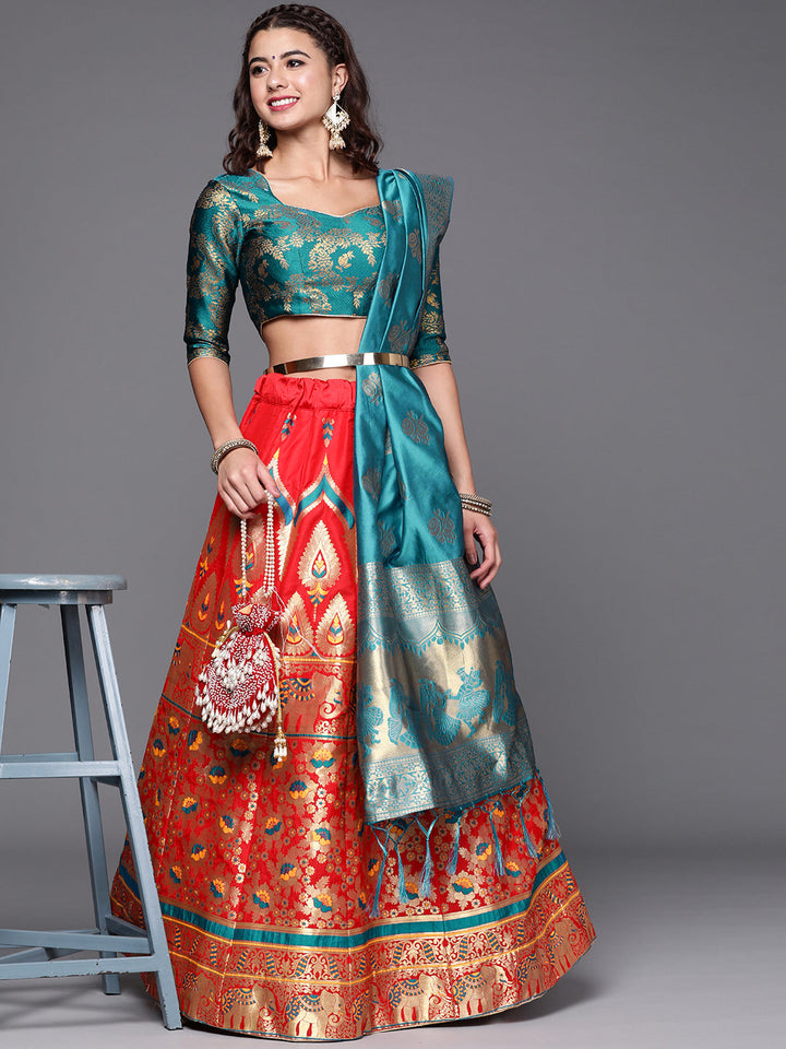 Red Semi Stitched Banarasi Brocade Silk Lehenga Set with Floral Zari, Meenakari Weaving