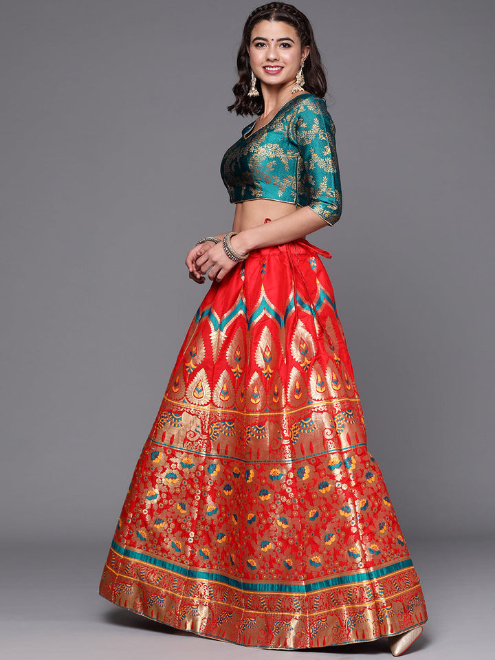 Red Semi Stitched Banarasi Brocade Silk Lehenga Set with Floral Zari, Meenakari Weaving