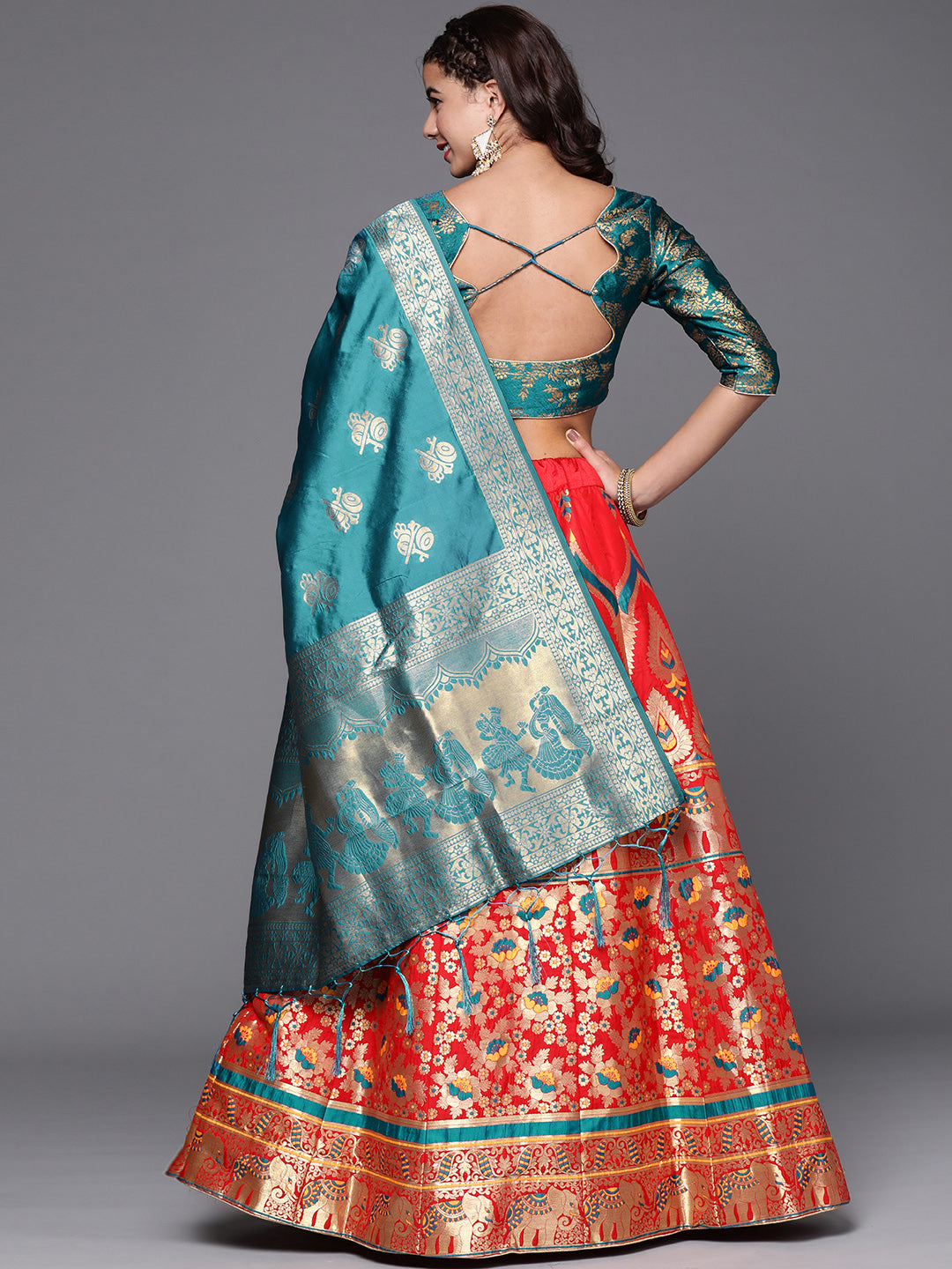 Red Semi Stitched Banarasi Brocade Silk Lehenga Set with Floral Zari, Meenakari Weaving