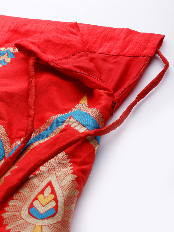 Red Semi Stitched Banarasi Brocade Silk Lehenga Set with Floral Zari, Meenakari Weaving
