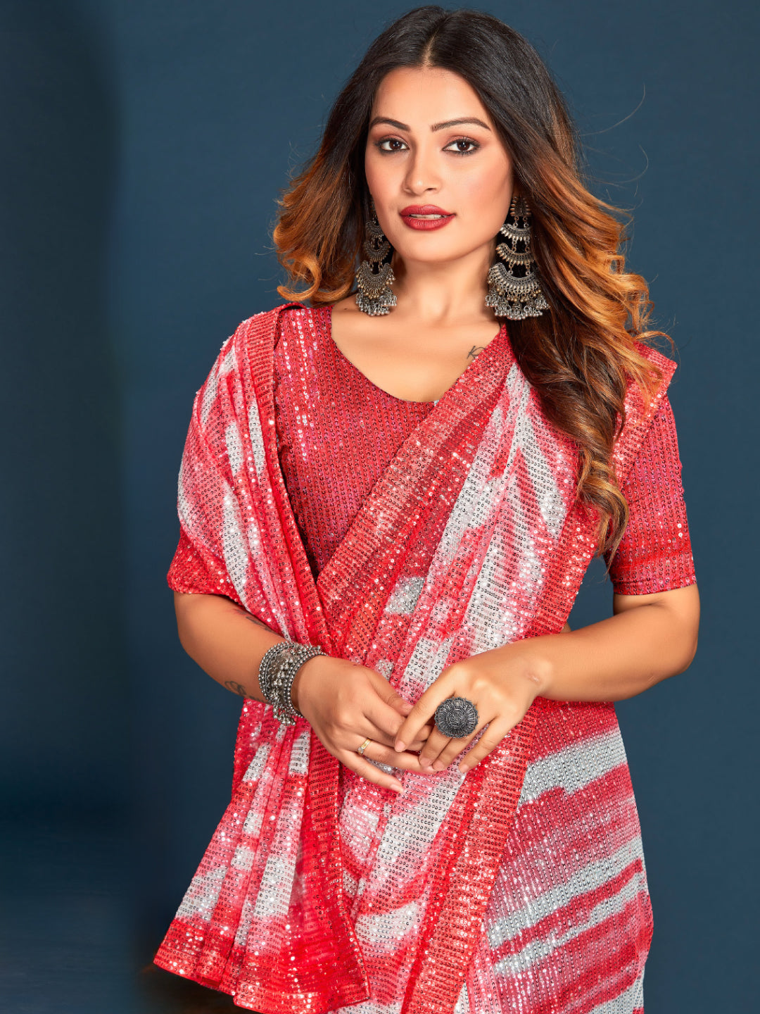 Allover Sequin Embellished Saree with Wavy Leheriya Digital Print
