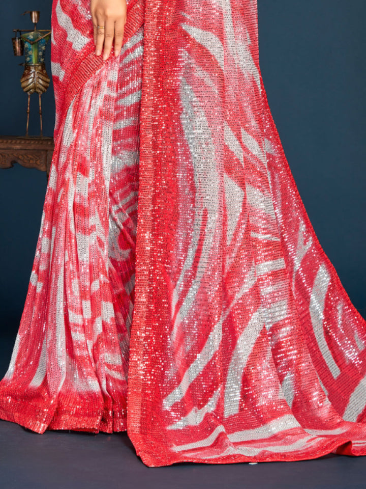 Allover Sequin Embellished Saree with Wavy Leheriya Digital Print